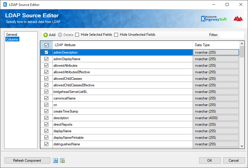 LDAP Source Component - Columns